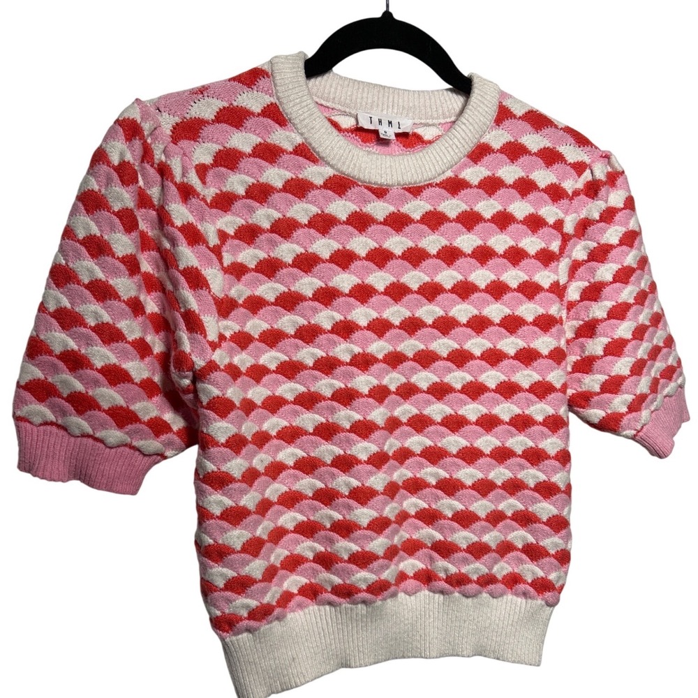 THML‎ Womens Scallop Knit Short Sleeve Sweater Top Red Pink White Size Small